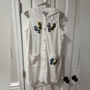 White Hooded Button-Up Cover Up with Colorful Flip-Flop Patches